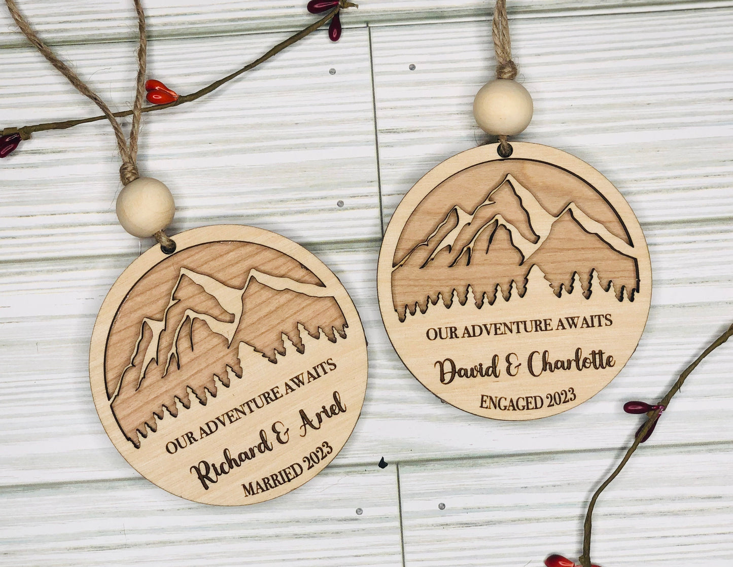 Personalized Engagement Ornament, First Christmas Engaged Ornament, First Christmas  Married Ornament, Mountain Top Christmas Ornament
