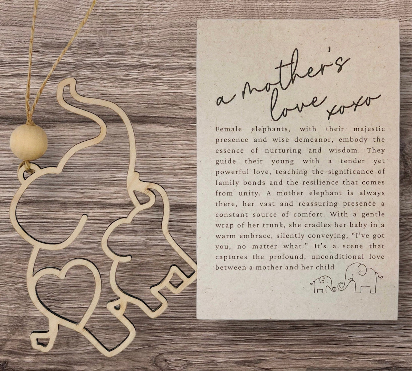 Personalized Mothers Day Elephant Ornament: Laser Cut Birch Wood Gift