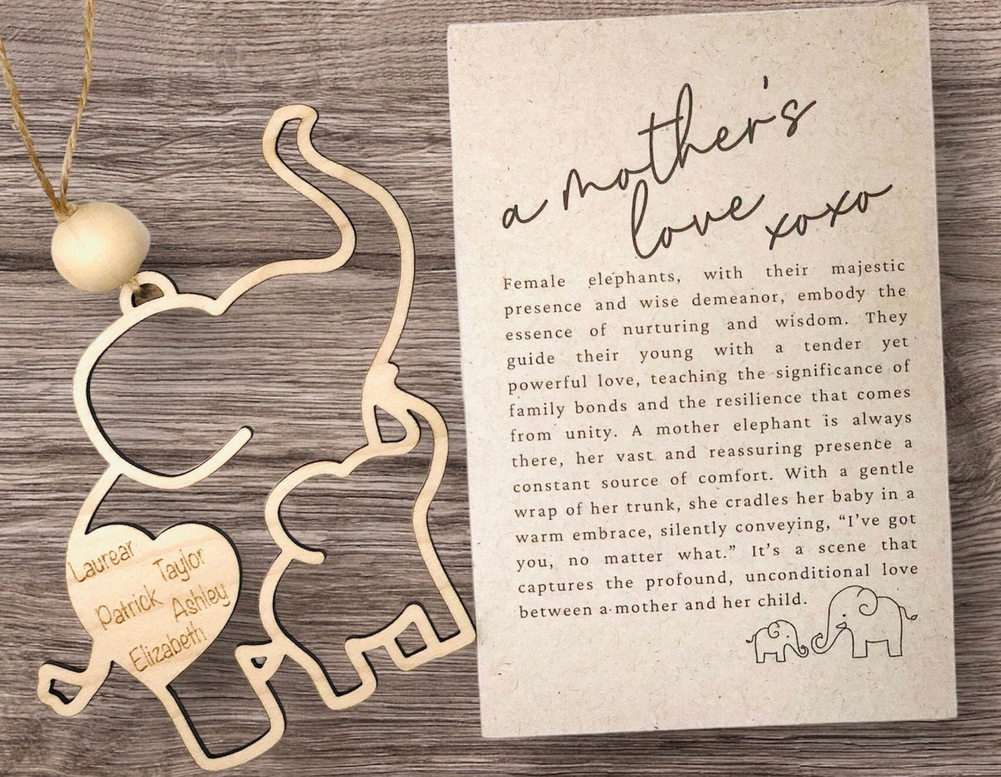 Personalized Mothers Day Elephant Ornament: Laser Cut Birch Wood Gift