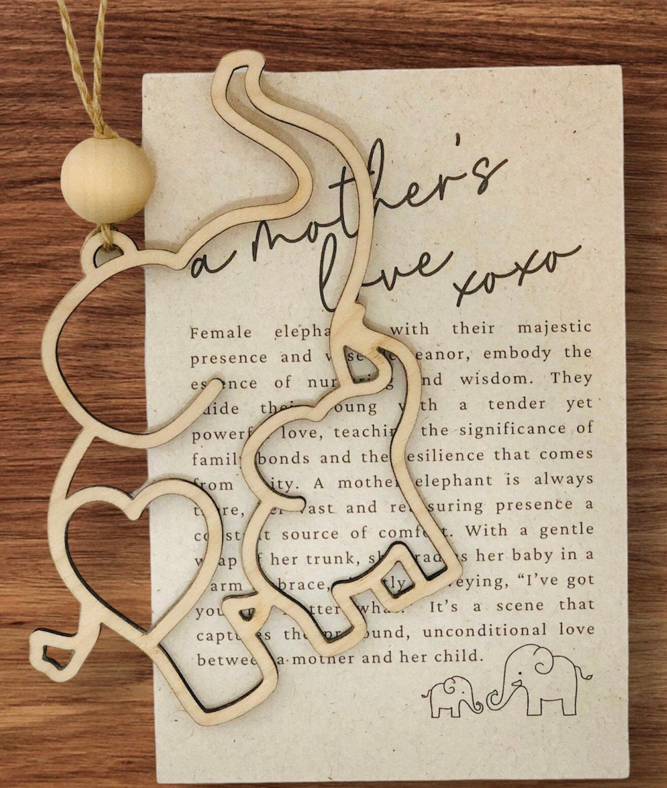 Personalized Mothers Day Elephant Ornament: Laser Cut Birch Wood Gift