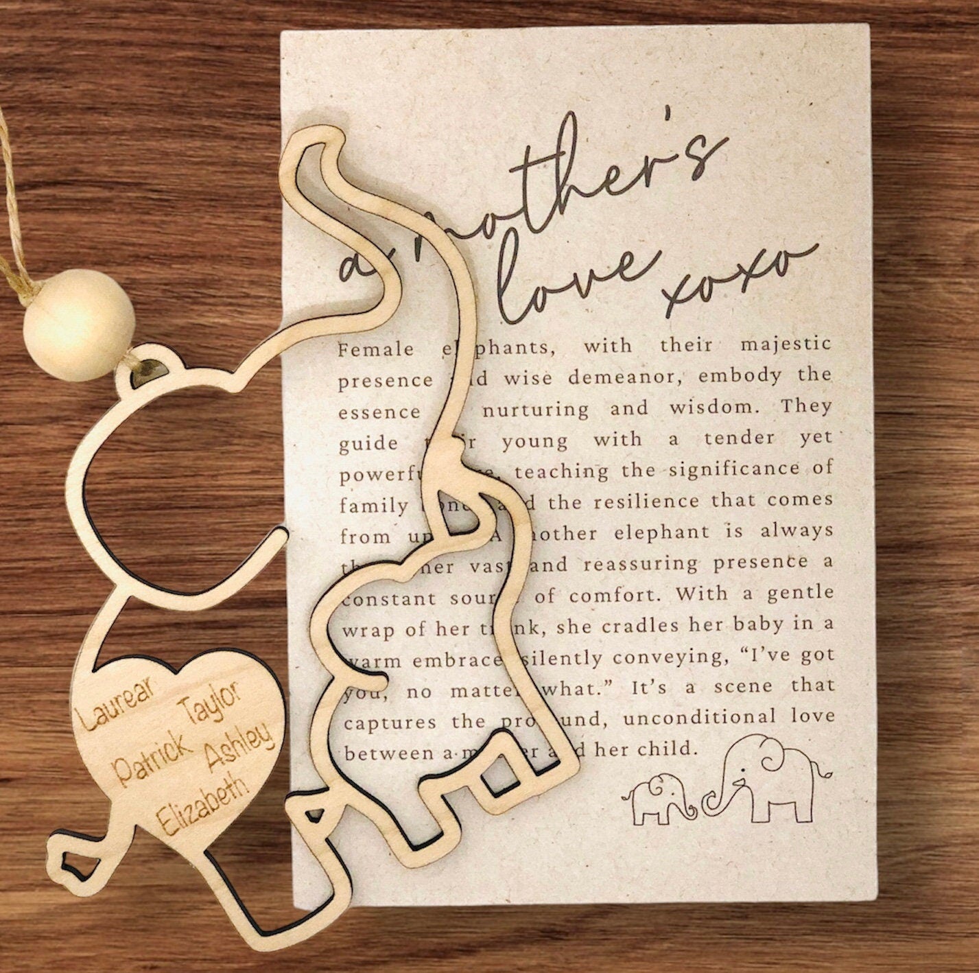 Personalized Mothers Day Elephant Ornament: Laser Cut Birch Wood Gift