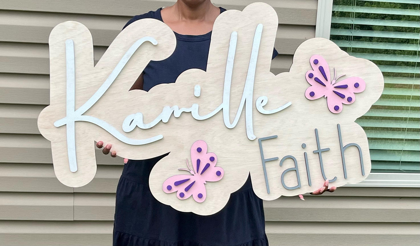 Layered Wooden Baby Name Sign: Butterfly Nursery Decor