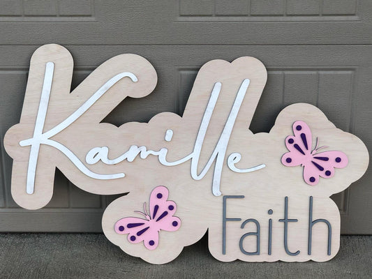 Layered Wooden Baby Name Sign: Butterfly Nursery Decor