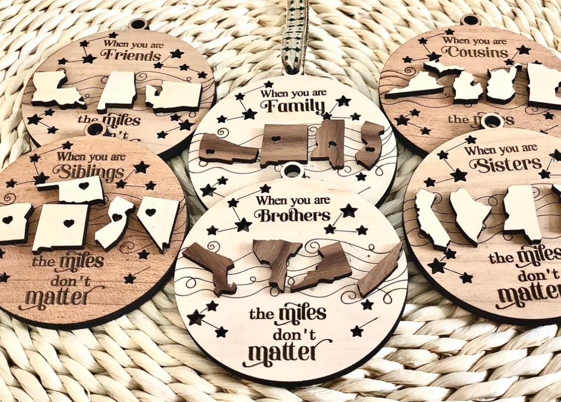 Personalized Friendship Ornament: Laser Engraved Wood, Long Distance Gift