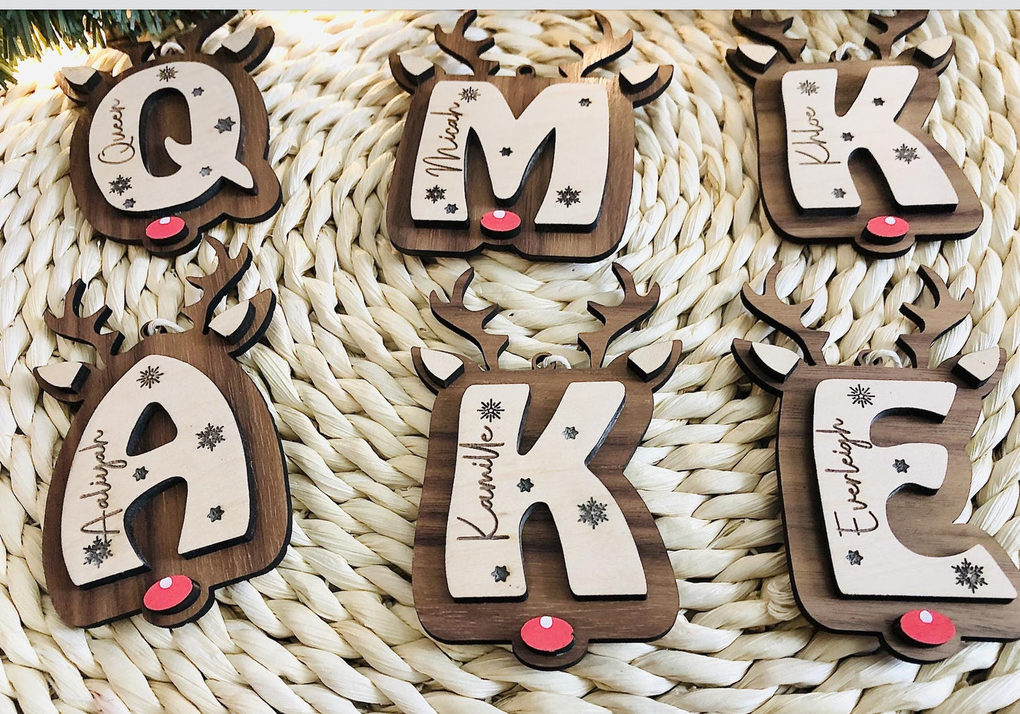 Personalized Reindeer Letter Ornament: Engraved Wood Christmas Tree Decor