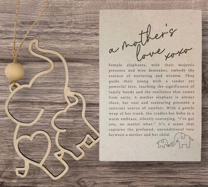 Personalized Mothers Day Elephant Ornament: Laser Cut Birch Wood Gift