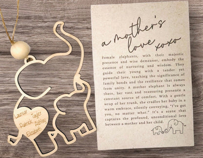 Personalized Mothers Day Elephant Ornament: Laser Cut Birch Wood Gift