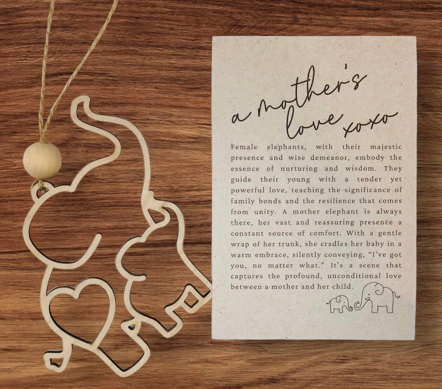 Personalized Mothers Day Elephant Ornament: Laser Cut Birch Wood Gift