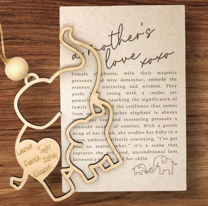 Personalized Mothers Day Elephant Ornament: Laser Cut Birch Wood Gift