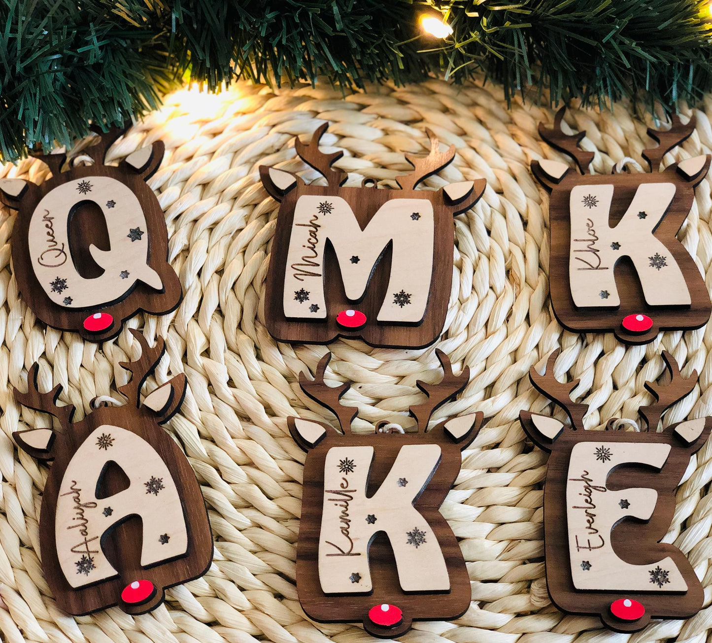 Personalized Reindeer Letter Ornament: Engraved Wood Christmas Tree Decor