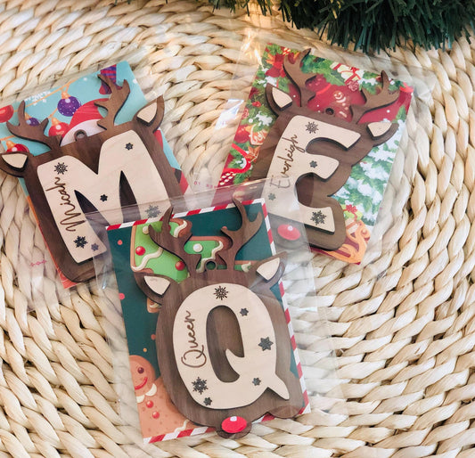 Personalized Reindeer Letter Ornament: Engraved Wood Christmas Tree Decor