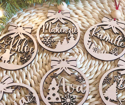 Personalized Wooden Christmas Ornament: Laser Cut Names, Custom Xmas Decor