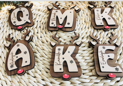 Personalized Reindeer Letter Ornament: Engraved Wood Christmas Tree Decor