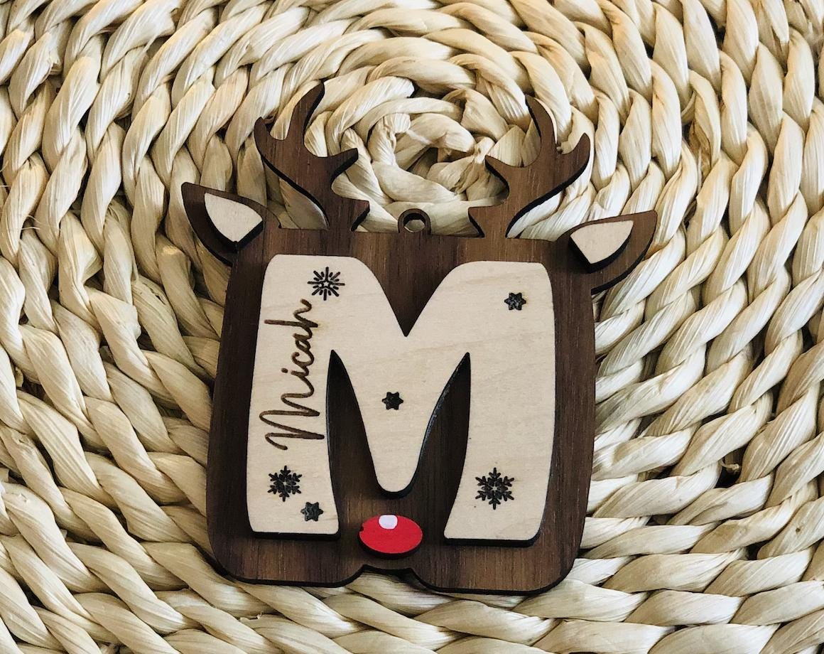 Personalized Reindeer Letter Ornament: Engraved Wood Christmas Tree Decor