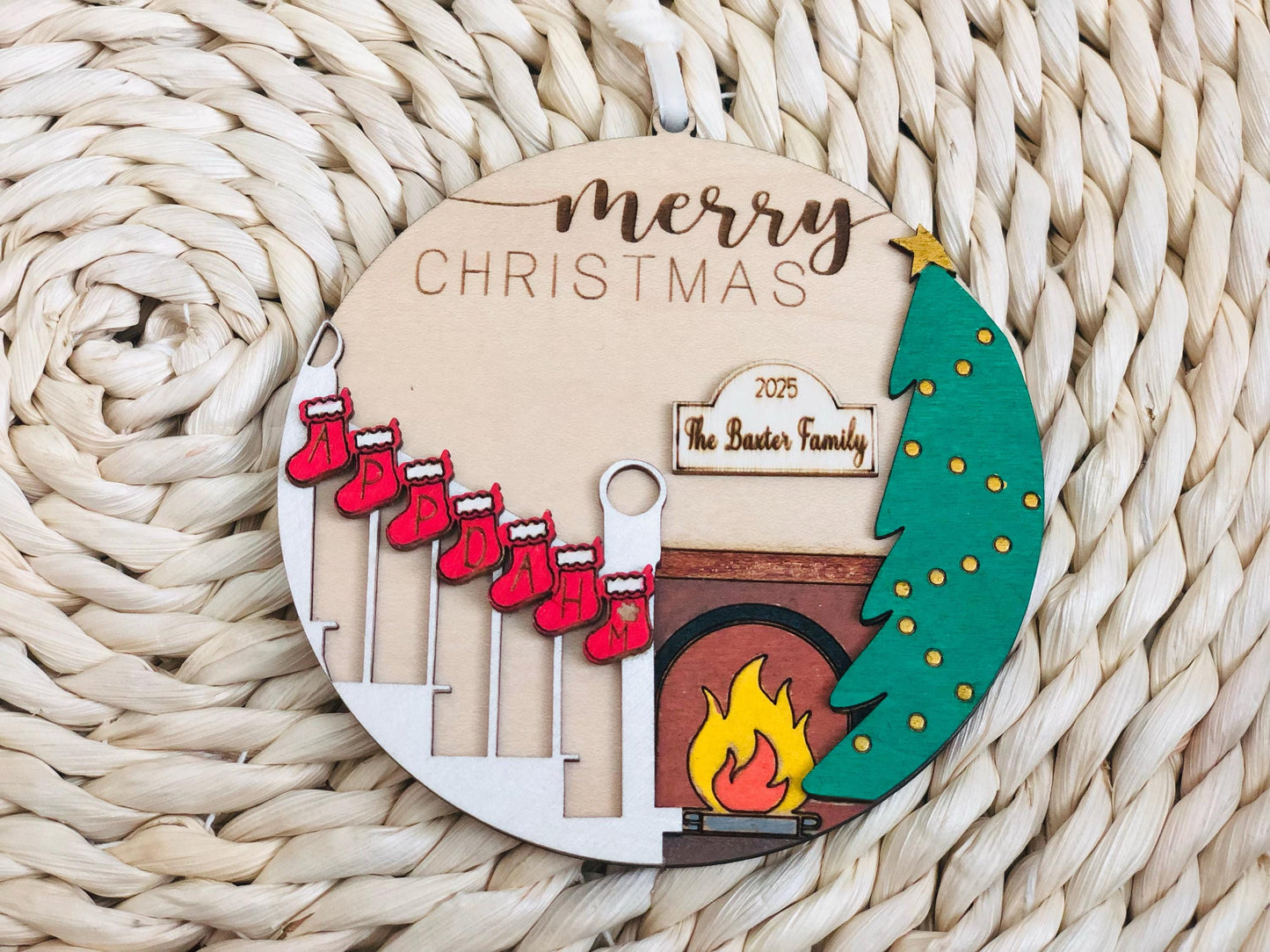 Personalized Wooden Christmas Ornament: Layered Stair Stocking Family Keepsake